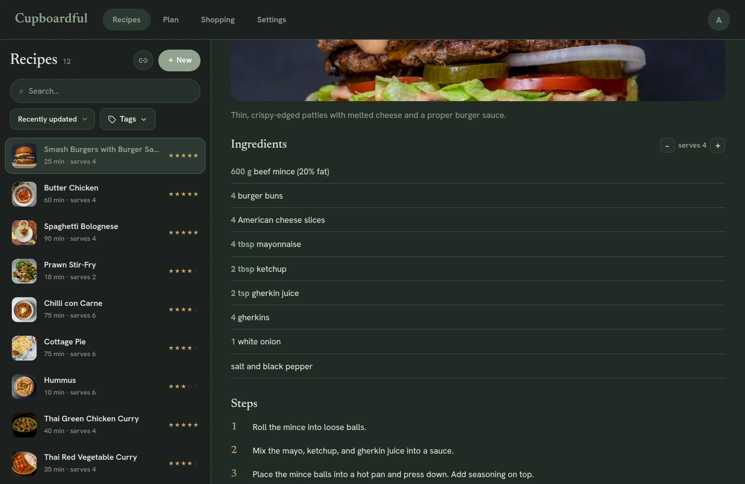 Recipes imported into Cupboardful shown in the dark-mode binder