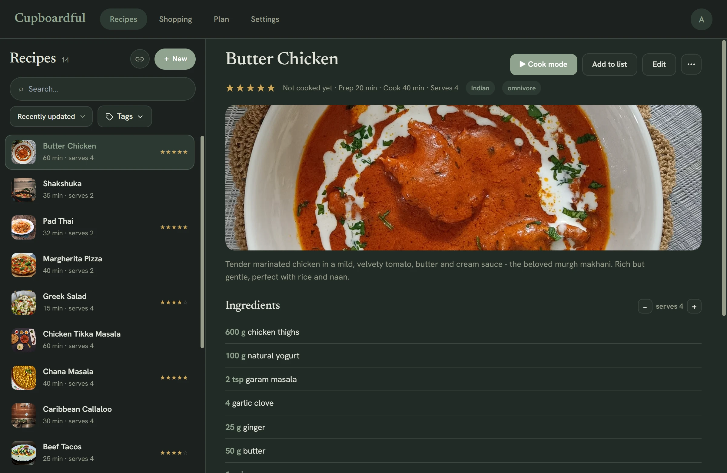 Cupboardful in dark mode on desktop — recipe binder with a searchable list and a butter chicken recipe open